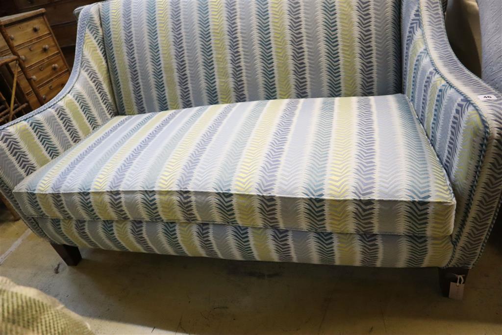 A near pair of matching modern square frame sofas with geometric pattern upholstery, larger length 160cm, depth 76cm, height 86cm